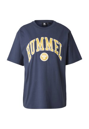 Marineblaues Baumwoll-T-Shirt mit einem großen gelben "HUMMEL"-Schriftzug und einem runden Logo-Design auf der Vorderseite. Kurze Ärmel, lässige Passform.
