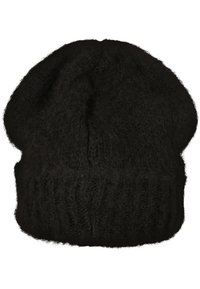 Černý pletený beanie klobouk, s měkkou a chlupatou strukturou a volnějším designem. Rybkový lem dodává jemnou dimenzi.