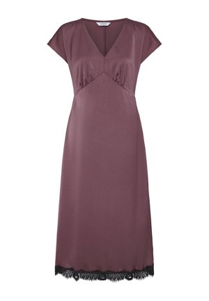 Mauve satijnen jurk tot aan de knie met V-hals, korte mouwen, empire taille en zwarte kanten rand aan de zoom.