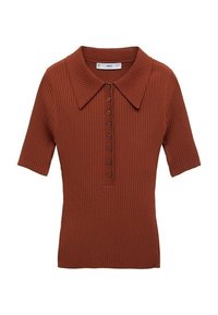 Polo à manches courtes côtelé en orange brûlé, avec un large col et une patte de boutonnage. Fabriqué en un matériau tricoté texturé.