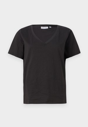 Black cotton T-shirt with a V-neck and short sleeves. Simple design with a regular fit and no patterns or accents.