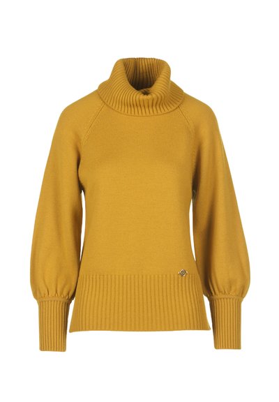 Mustard yellow knitted sweater with a high ribbed collar, raglan sleeves, and ribbed hem. Features a small metallic logo accent.