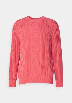Pink knitted sweater featuring a textured pattern with a diamond design, round neckline, and ribbed cuffs and hem.