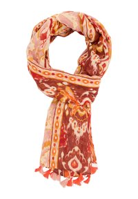 Multifarvet tørklæde med et blomster-ikat mønster i røde, orange og pink nuancer, afsluttet med orange frynser langs kanterne.