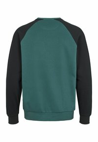 Zaļš un melns džemperis ar raglana piedurknēm, teksturēta auduma, ribota apkakle un malās, kā arī apaļa kakla izgriezuma forma. Vienkāršs un funkcionāls dizains.