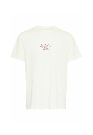 White cotton t-shirt featuring short sleeves and a crew neckline, with "La dolce Vista" in red script on the front. Soft texture.