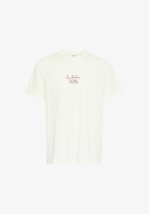 White cotton t-shirt featuring short sleeves and a crew neckline, with "La dolce Vista" in red script on the front. Soft texture.