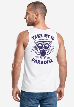 Man in white tank top with a graphic tiger wearing palm tree sunglasses and text "Take me to paradise, chill out all day" on the back.