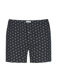 Černé boxerky s opakujícím se paisley vzorem v bílé, červené a zelené barvě, s knoflíkovým zavíráním a elastickým pasem.