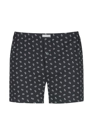 Boxer shorts neri con un motivo paisley ripetuto in bianco, rosso e verde, dotati di apertura con bottone e cintura elastica.