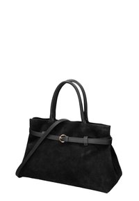 Sac à main en daim noir avec doubles poignées, une fine bandoulière réglable et une petite boucle dorée sur le détail de la ceinture avant.