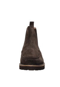 Bruine suède enkellaarsjes met een gladde textuur, elastische zijpanelen en een treklus aan de achterkant, met een duurzame rubberen zool.