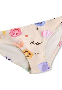 Bikini broek in lichtbeige stof met verschillende kleurrijke ijscohoornpatronen. Gladde textuur met een geprinte logo "Molo."