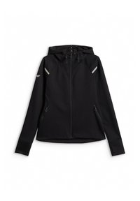 Veste noire à capuche zippée avec cordons, manches longues, poches latérales zippées et bandes réfléchissantes aux épaules et à la manche.