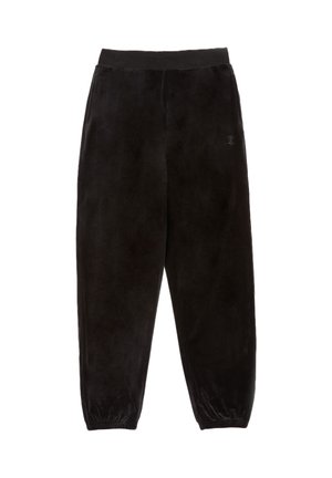 Zwarte velvet broek met een elastische tailleband, taps toelopende pijpen en een klein logo-detail. Glad textuur en zachte stof voor comfort.