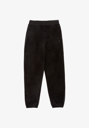 Zwarte velvet broek met een elastische tailleband, taps toelopende pijpen en een klein logo-detail. Glad textuur en zachte stof voor comfort.