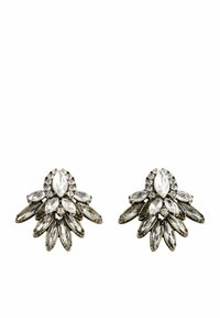 Pair of silver-tone earrings featuring marquise and round cut clear rhinestones arranged in a floral design, with a textured backing.