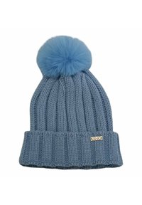 Beanie lavorato a maglia azzurro chiaro con design a coste, dotato di un morbido pom-pom azzurro chiaro sulla parte superiore e di un piccolo etichetta con logo argentato sul risvolto.