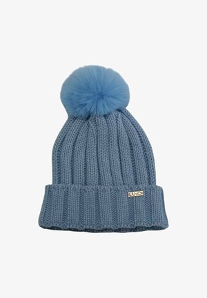 Beanie lavorato a maglia azzurro chiaro con design a coste, dotato di un morbido pom-pom azzurro chiaro sulla parte superiore e di un piccolo etichetta con logo argentato sul risvolto.
