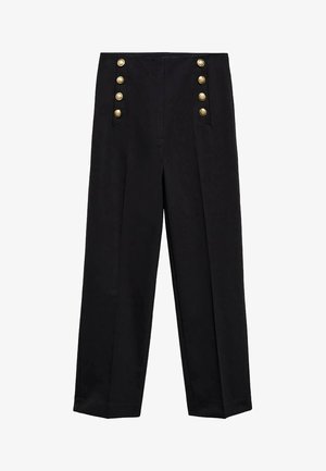 Mustat räätälöidyt housut, joissa on korkea vyötärö, etupleatit ja kultaiset nappikohdistukset sivuilla. Valmistettu sileästä kankaasta.