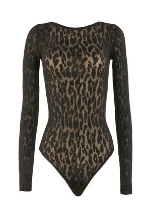Body à manches longues imprimé léopard avec une surface texturée, présentant une palette de couleurs noire et dorée, et une silhouette ajustée.