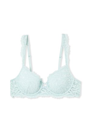 Soutien-gorge à armatures en dentelle bleu clair avec bretelles réglables et détails à motif floral sur les bonnets et la bande.