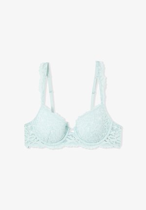 Soutien-gorge à armatures en dentelle bleu clair avec bretelles réglables et détails à motif floral sur les bonnets et la bande.