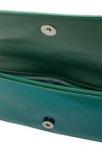 Grüner Lederhandtaschen-Innenraum mit glatter Textur, ausgestattet mit einem Druckknopfverschluss und einem kontrastierenden Stofffutter.