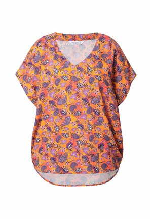 Kortærmet top i en livlig orange, lilla og pink blomstermønster. Har en V-hals og en afslappet pasform, med en buet nederste kant for ekstra stil.