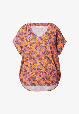 Kortærmet top i en livlig orange, lilla og pink blomstermønster. Har en V-hals og en afslappet pasform, med en buet nederste kant for ekstra stil.