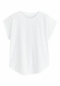 T-shirt blanc à manches courtes en tissu de coton doux, avec une coupe décontractée, un col rond et un ourlet incurvé. Sans motifs ni accents.