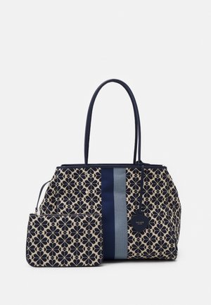 Borsa a tracolla con motivo floreale blu navy e beige, dotata di due manici lunghi, una striscia verticale blu e una pochette con zip a fiori coordinata sul davanti.