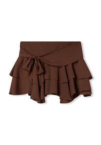 Gonna marrone a strati con cintura annodata. Realizzata in tessuto leggero con una texture morbida e orlo arricciato.