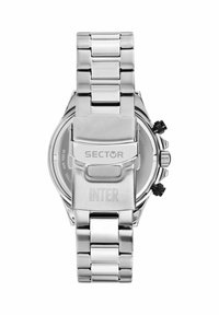 Orologio da polso in acciaio inossidabile d'argento con finitura lucida, dotato di un bracciale in metallo a maglie, logo inciso e diversi pulsanti di funzione.