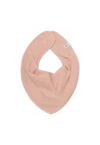Mjukt rosa triangulärt babymössa med tryckknappar och en liten tygetikett på vit bakgrund.
