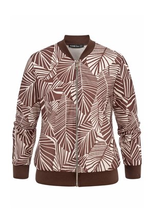 Chaqueta bomber marrón y blanca con cremallera, con patrón abstracto de hojas, cuello, puños y cinturilla acanalados.