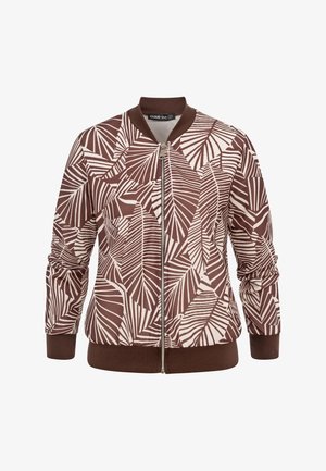 Brown and white zip-up bomber jacket with abstract leaf pattern, ribbed collar, cuffs, and waistband.
