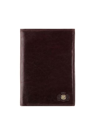 Brown leather passport holder with a smooth texture, featuring a gold emblem in the bottom right corner and stitched edges.