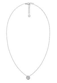 Collana in argento con pendente a forma di pietra tonda trasparente. La catena presenta un design delicato con chiusura a gatto e lunghezza regolabile.