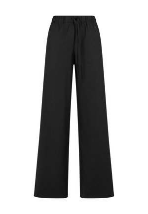 Pantaloni neri a gamba larga realizzati in tessuto morbido, con una vita elastica e un cordoncino per una vestibilità regolabile. Semplici, senza motivi o dettagli.