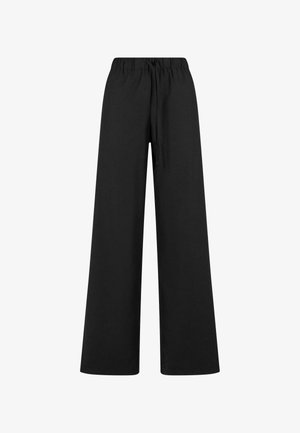 Schwarze weit geschnittene Hose aus weichem Stoff, mit einem elastischen Taillenbund und einer Zugkordel für eine verstellbare Passform. Schlicht, ohne Muster oder Akzentuierungen.