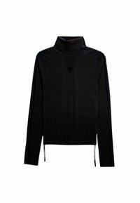 Pull noir à col montant avec des manches longues, doté d'une découpe à l'avant et de cordons de serrage ajustables à l'ourlet pour un look ajusté.