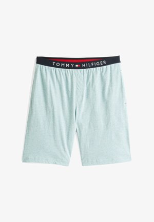 Lyseblå bomullsshorts med svart linning som har "TOMMY HILFIGER" logo i hvit og rød. Myk tekstur, kne-lengde design.