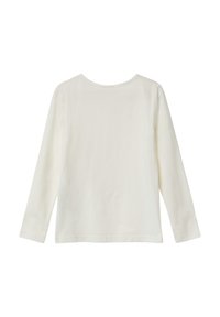 Langärmliges T-Shirt mit Rundhalsausschnitt aus cremeweißem Baumwollstoff. Glatte Textur, schlichtes Design ohne Verzierung oder Muster.