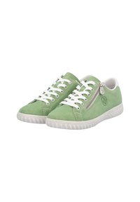 Sneaker in suede verde con lacci bianchi, dotate di una cerniera laterale e suola in gomma testurizzata. Accentuate da un logo sul lato.