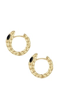 Guldsnakeskårede hooopøreringe med skæreflade og sorte ædelstenøjne, designet som åbne cirkulære hoops.