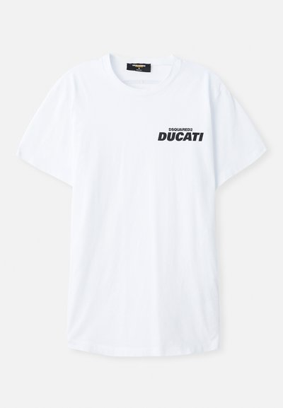 White cotton t-shirt, crew neck, short sleeves, featuring black "DSQUARED2 DUCATI" logo on the left chest. Regular fit, smooth texture.