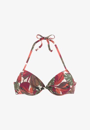 Halter-Nacken-Bikinioberteil mit gepolsterten Cups und mehrfarbigem Blattmuster in Rot-, Grün-, Braun- und Weißtönen.