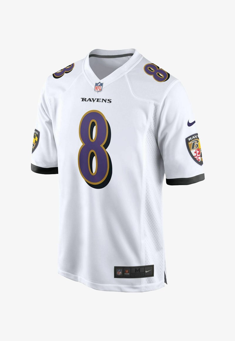 Weißes NFL-Trikot mit "Ravens" in Schwarz, lila Nummer "8", kurzen Ärmeln mit schwarzen Akzenten und seitlichen Mesheinsätzen für Belüftung.