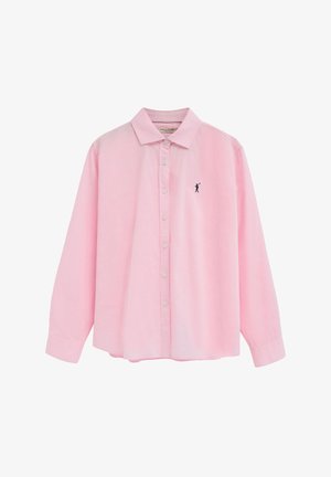 Hellrosa langärmliges Hemd mit Knopfleiste, Kragen und kleinem dunkelblauem Golfspieler-Logo auf der linken Brust.